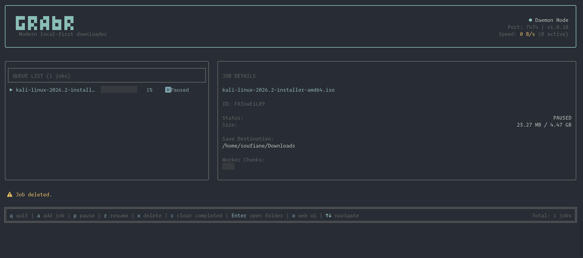 Grabr CLI TUI dashboard showing active downloads with progress bars