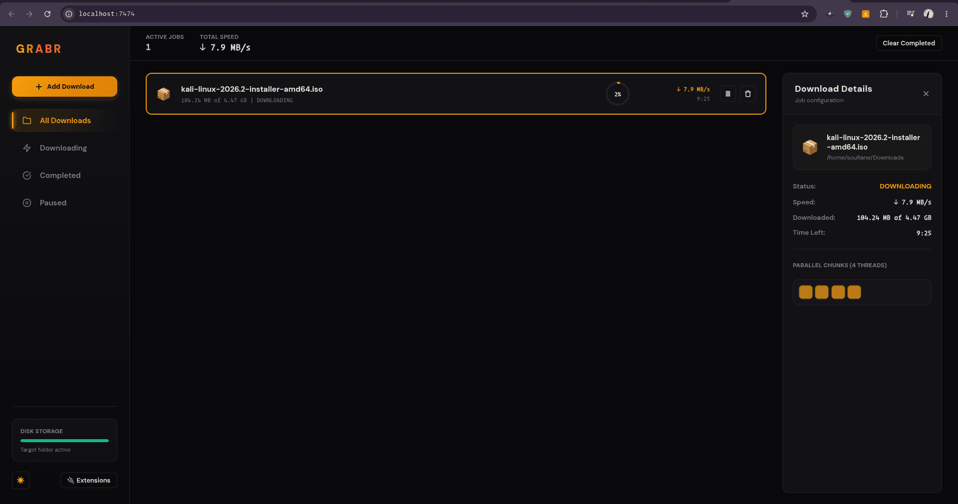 Grabr web interface showing download queue